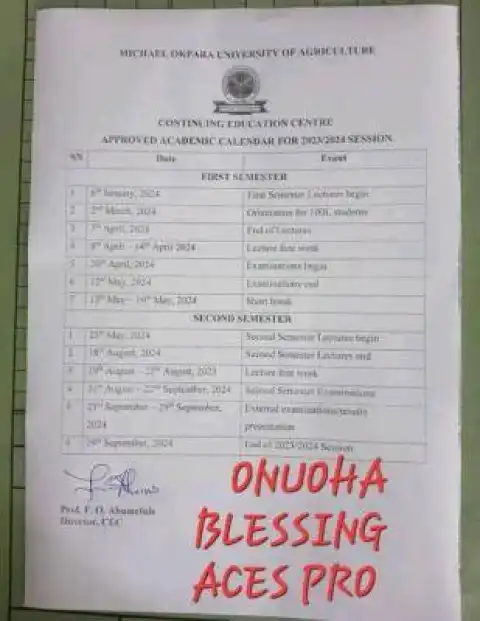 MOUAU approved academic calendar for CEC students, 2023/2024 session