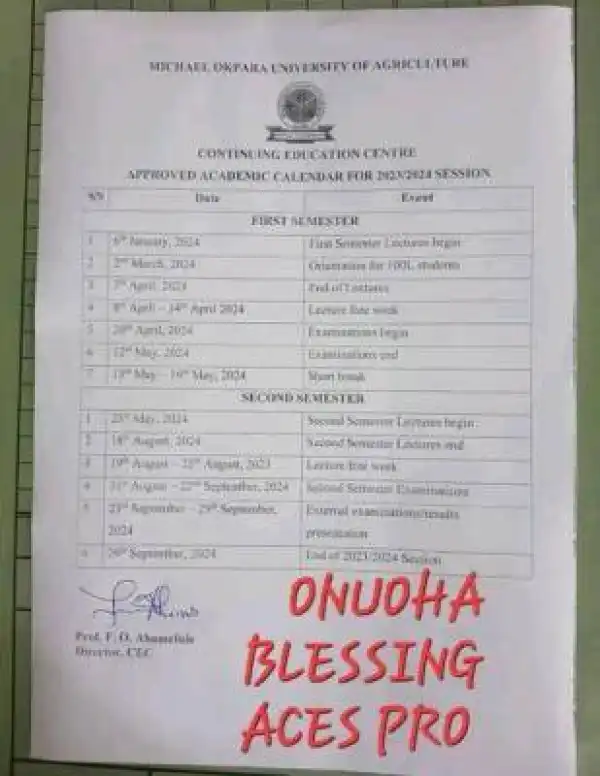 MOUAU approved academic calendar for CEC students, 2023/2024 session