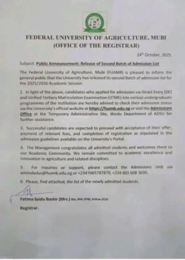 FUAMB 2nd batch admission list, 2025/2026