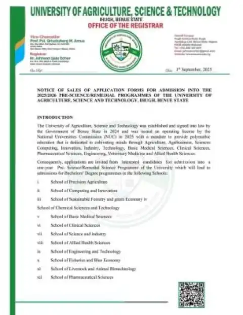 University of Agriculture, Science & Tech. Benue Pre-Science/Remedial Science Admission, 2025/2026