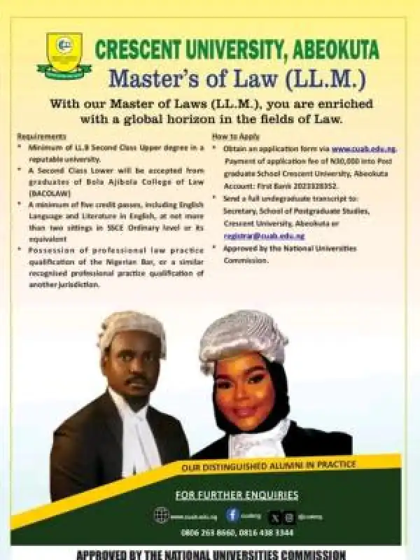 Crescent University, Abeokuta admission into Master of Laws (LL.M.) Programme