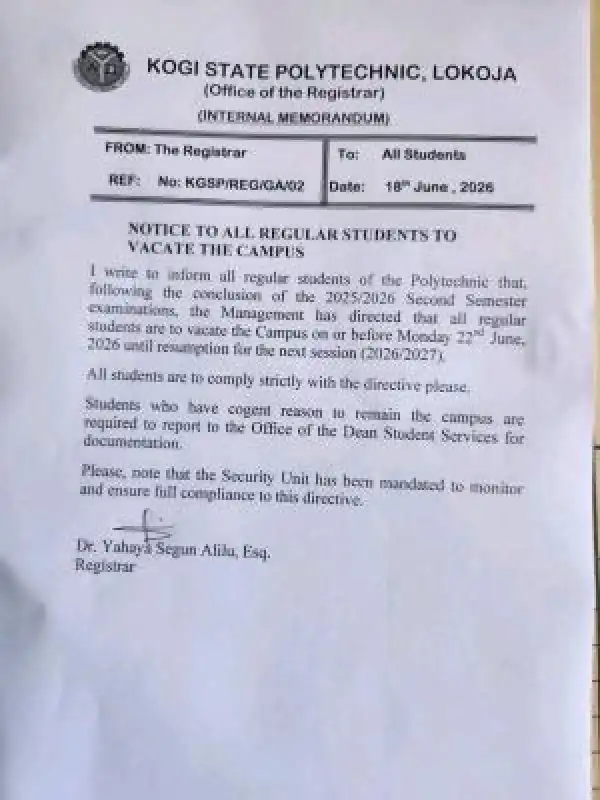 Kogi State Poly notice to Students on Vacation of Hostel over Academic Session Break