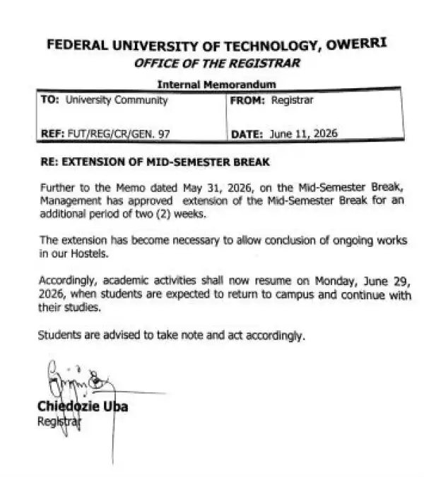 FUTO announces further extension of Mid-semester Break by 2 weeks