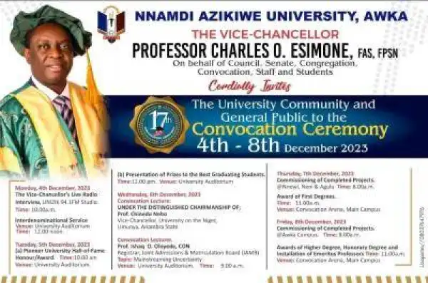 UNIZIK order of events for the 17th convocation ceremony
