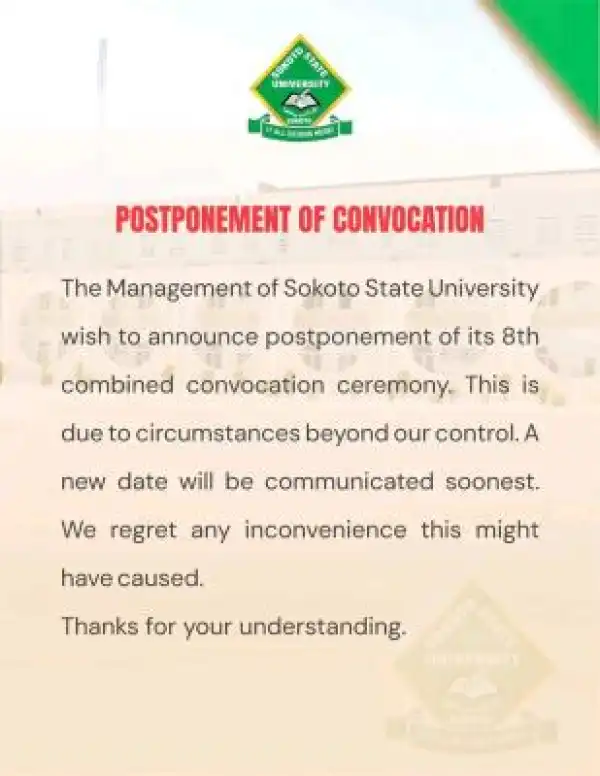 Sokoto State University Postpones 8th Combined Convocation Ceremony Indefinitely