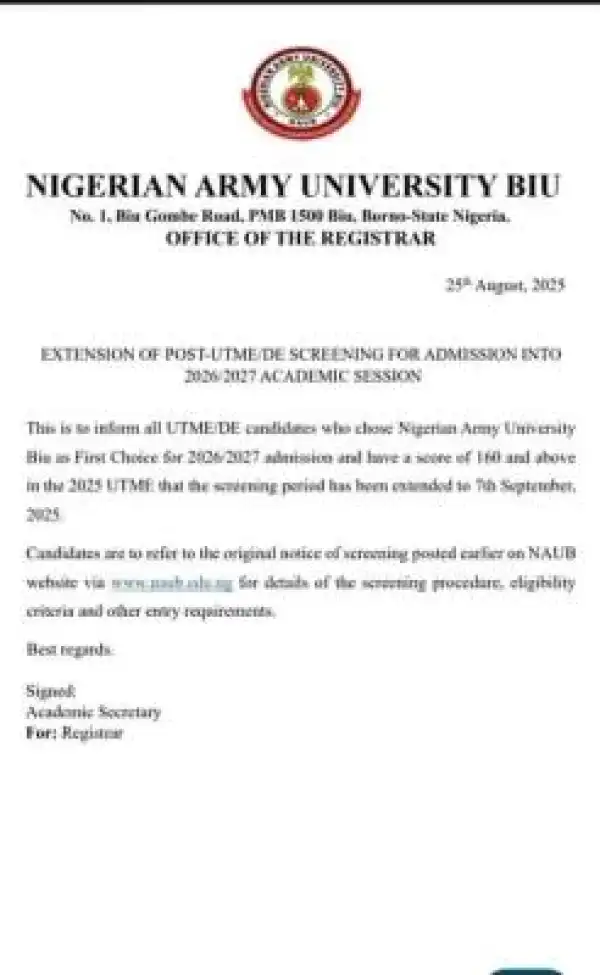 NAUB extends Post-UTME application deadline, 2026/2027