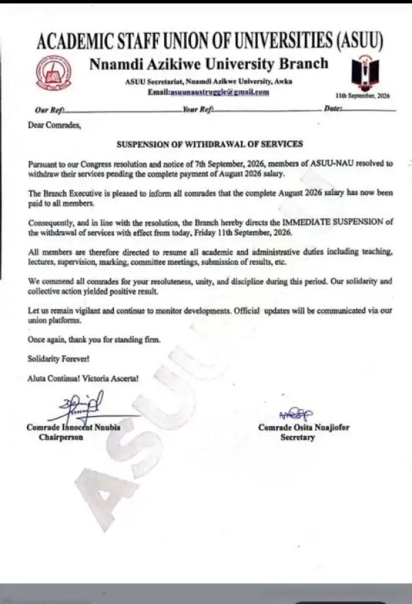 UNIZIK ASUU suspends withdrawal of services, directs members to resume duties