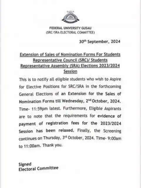 FUGUSAU extends sales of nomination form for SRC election, 2023/2024