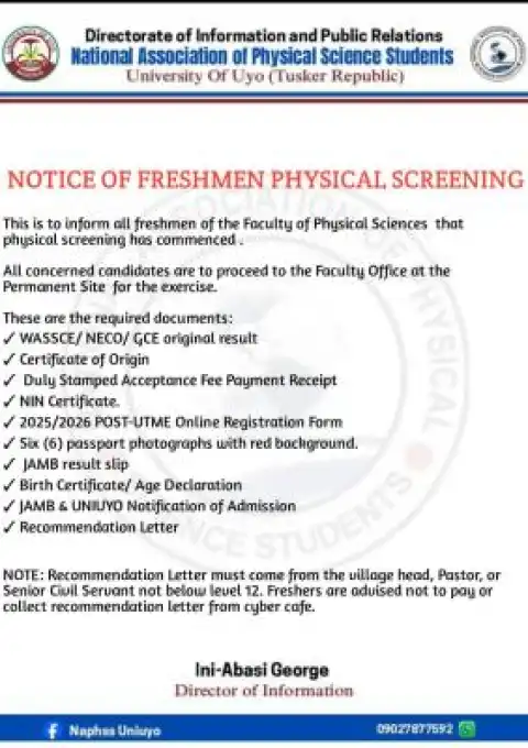 UNIUYO Faculty of Physical begins physical screening of new students, 2025/2026