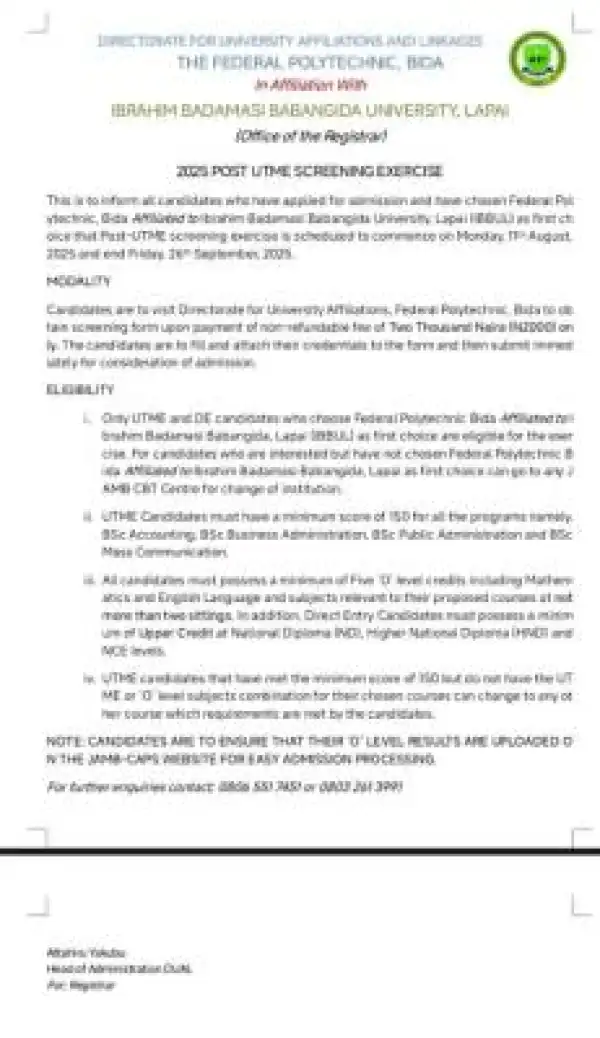 Federal Poly, Bida (IBBUL affiliated) Post-UTME 2025: Cut-off mark, Eligibility and Registration Details