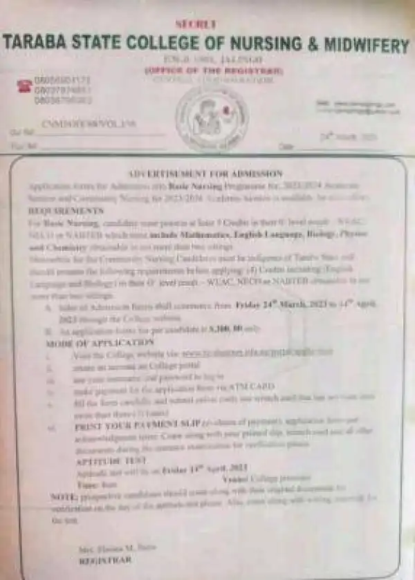Taraba State College of Nursing & Midwifery forms (Basic & Community Nursing), 2023/2024
