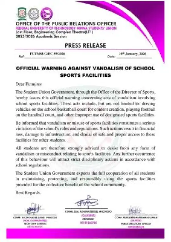 FUTMINNA SUG warns against vandalism of sports facilities