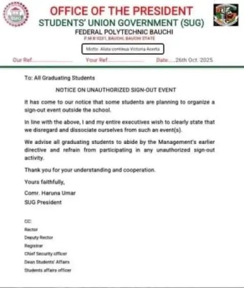 Fed Poly Bauchi SUG notice to graduating students on unauthorized sign-out event
