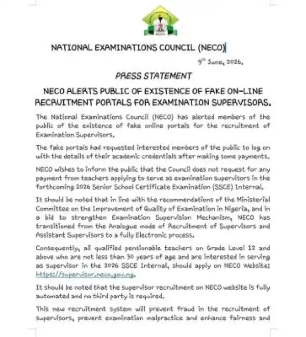 NECO alerts public of fake online recruitment portal for exam supervisors