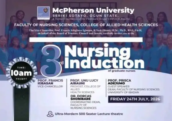 McPherson University announces 3rd Nursing Induction/Oath-Taking Ceremony