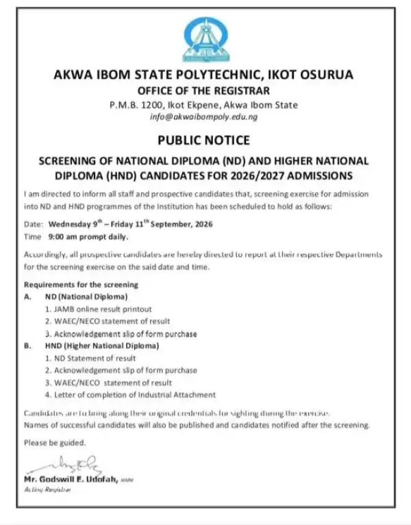 Akwa Poly announces screening for ND/HND prospective students, 2026/2027