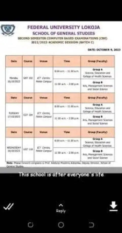 FULOKOJA second semester GST CBT examination timetable (Batch C), 2022/2023 session