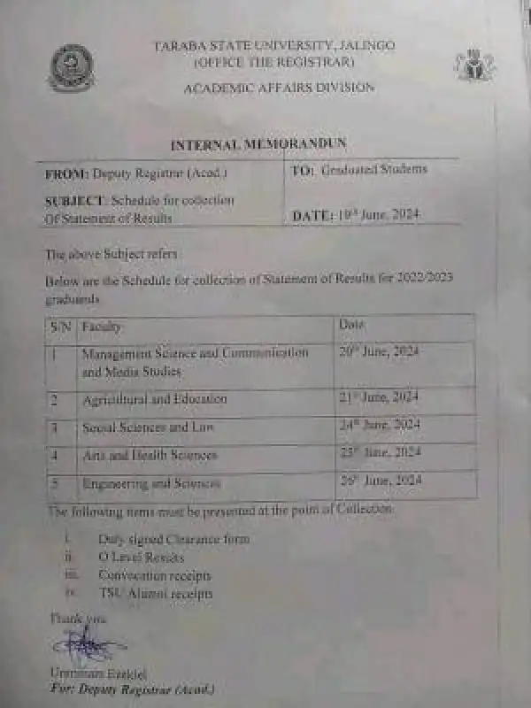 Taraba State University notice on collection of statement of result for 2022/2023