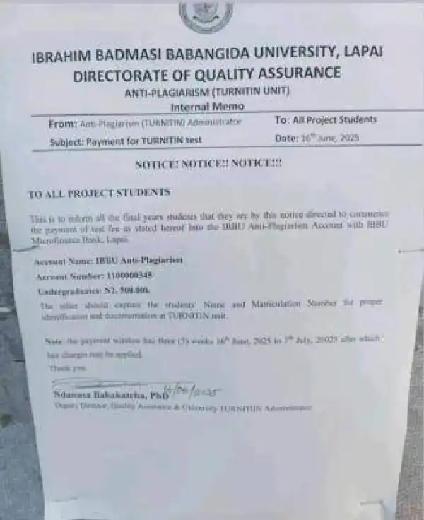 IBBU issues notice to all final year students of the university