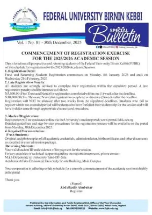 FUBK announces commencement of registration for the 2025/2026 academic session