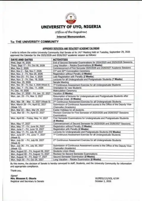 UNIUYO Approves 2025/2026 and 2026/2027 Academic Calendars