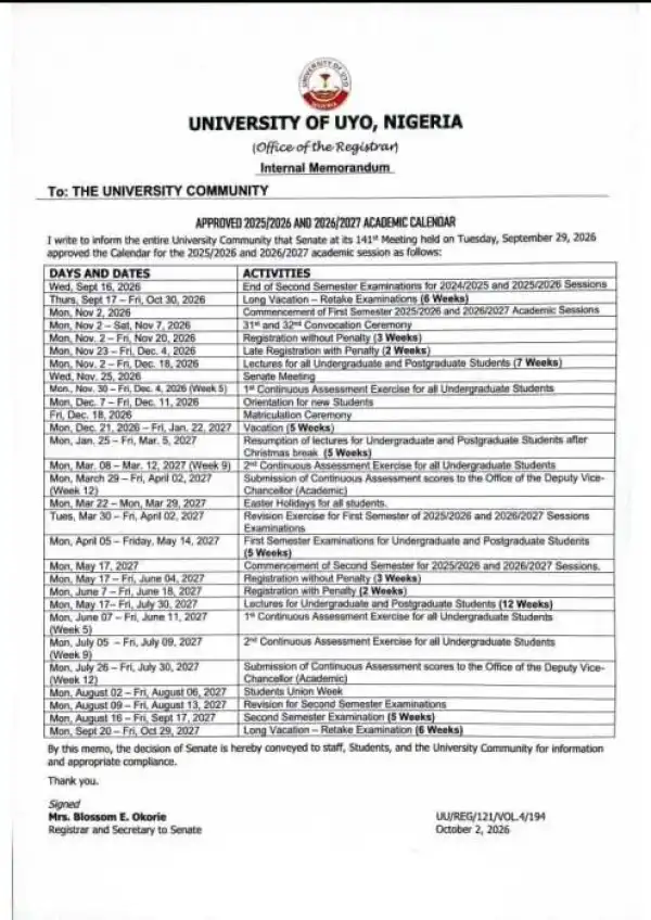 UNIUYO Approves 2025/2026 and 2026/2027 Academic Calendars