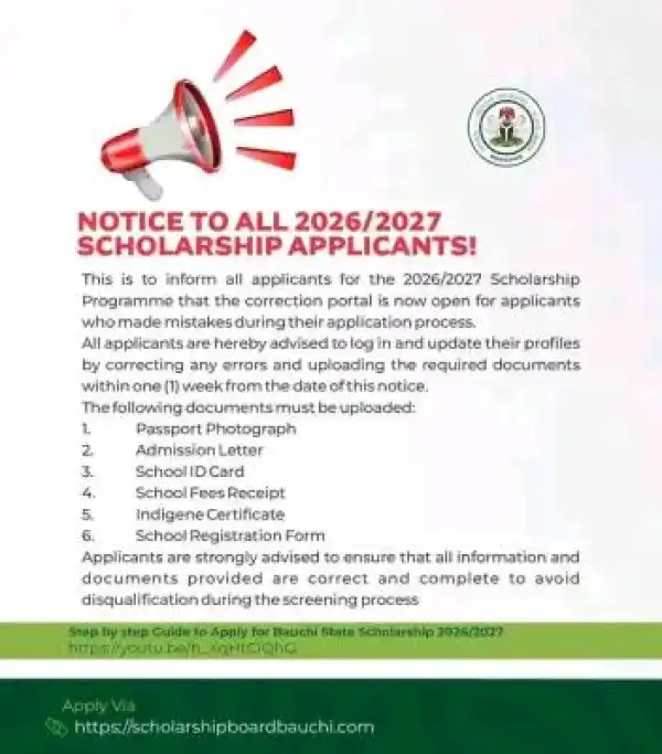 Bauchi State Scholarship Board notice to applicants on correction of details, 2026/2027