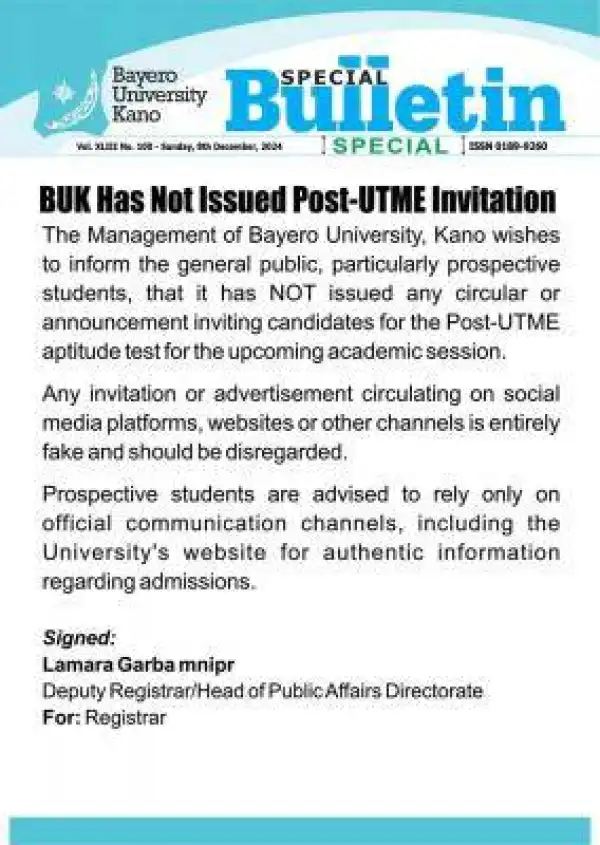 BUK has not issued Post-UTME invitation for 2024/2025 session - MGT