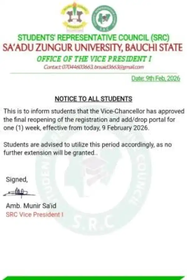 SAZU Students Reprseenstative Council notice to students on reopening of registration portal