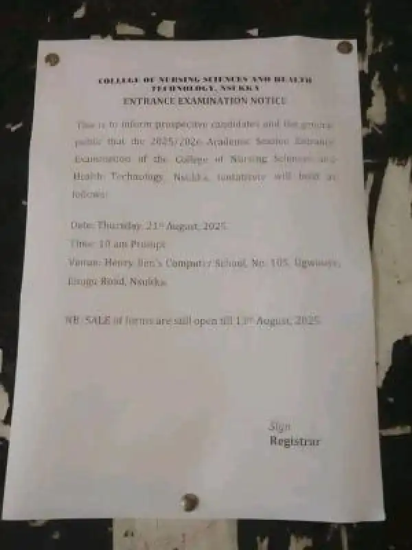 College of Nursing Sciences & Health Tech. Nsukka entrance exam date, 2025/2026