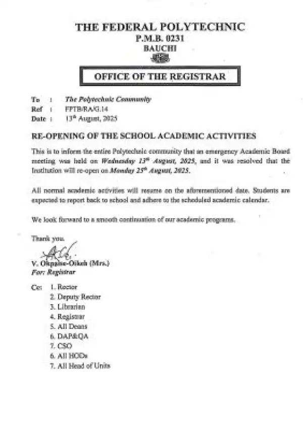 Federal Polytechnic Bauchi reopens school academic activities