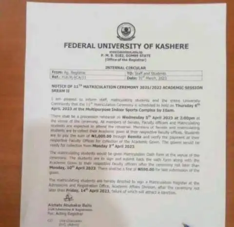 Fukashere notice of 11th Matriculation Ceremony for stream II, 2021/2022