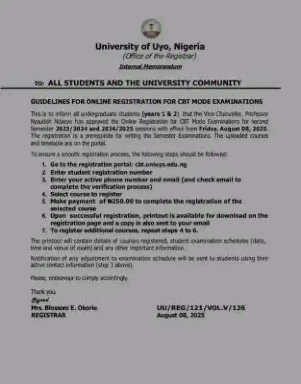 UNIUYO second semester CBT exam online registration procedures for students