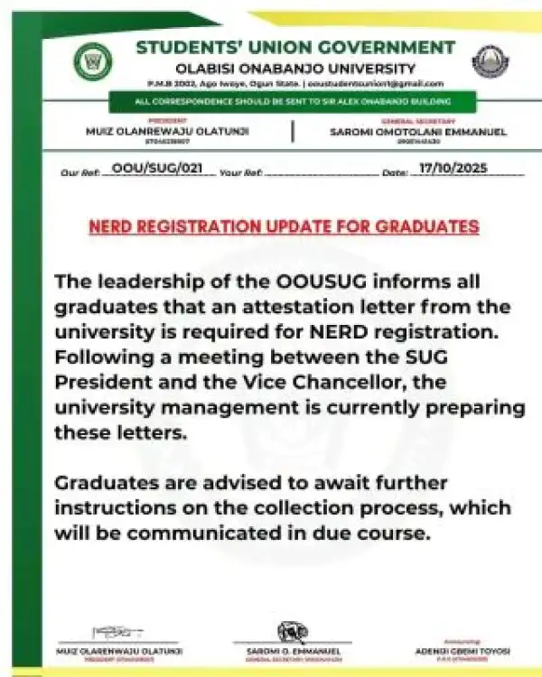 OOU SUG notice to graduates on NERD registration