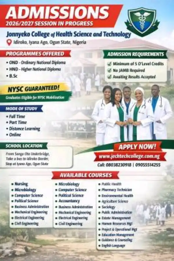 Jonnyeko College of Health Science and Technology admissions, 2026/2027