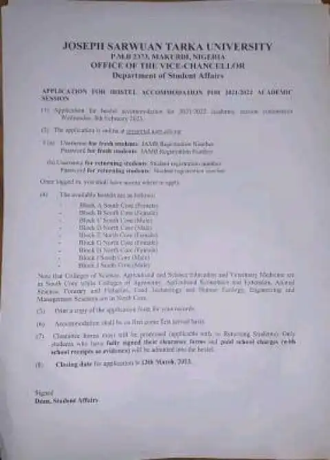 Joseph Sarwuan Tarka University notice on application for Hostel Accommodation, 2021/2022