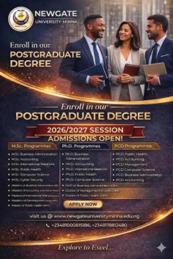 Newgate University, Minna postgraduate admissions for 2026/2027 session