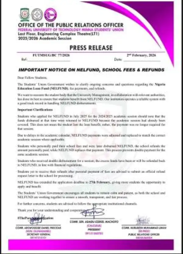 FUTMINNA SUG update on NELFUND, school fees payment and refund process