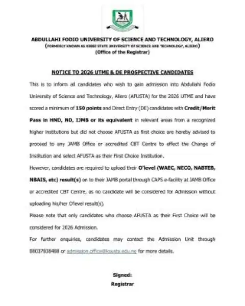 KSUSTA notice to 2026 UTME/DE Prospective Candidates