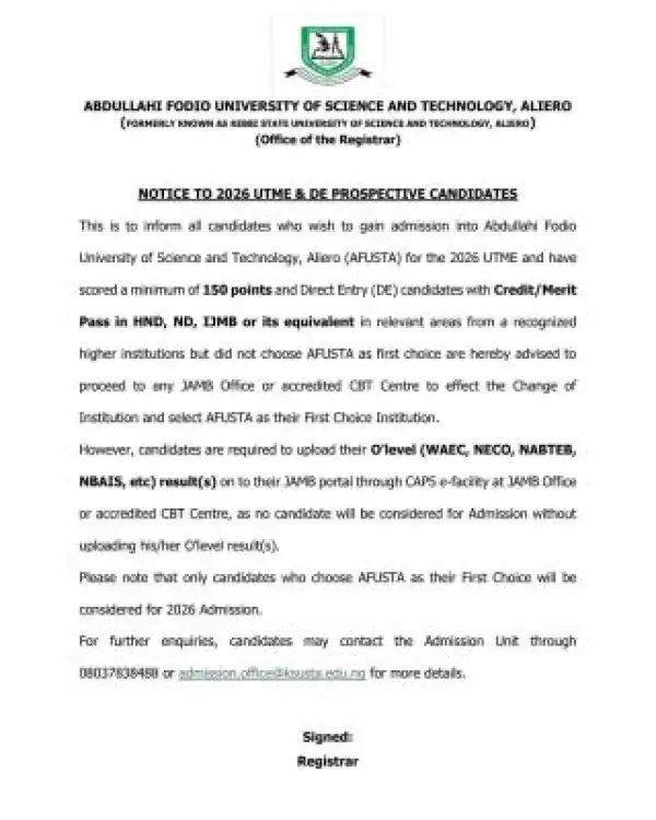 KSUSTA notice to 2026 UTME/DE Prospective Candidates