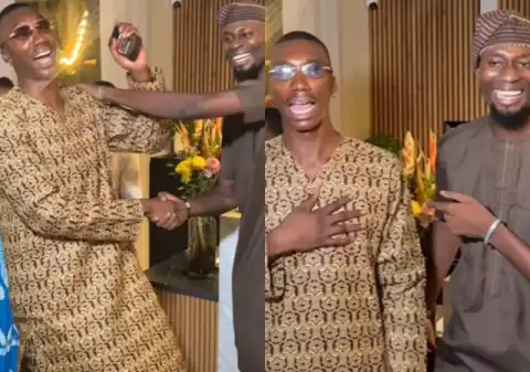“Above the law” -Moment comedian, Layi Wasabi meets a man taller than him at an event