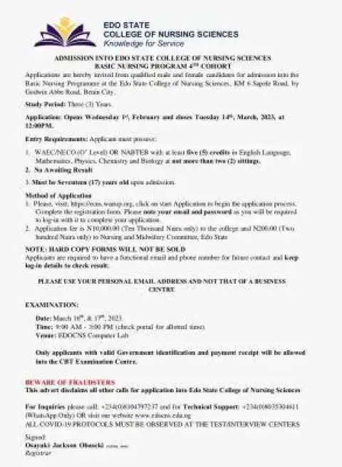 Edo State College of Nursing Sciences 4th cohort admission, 2022/2023