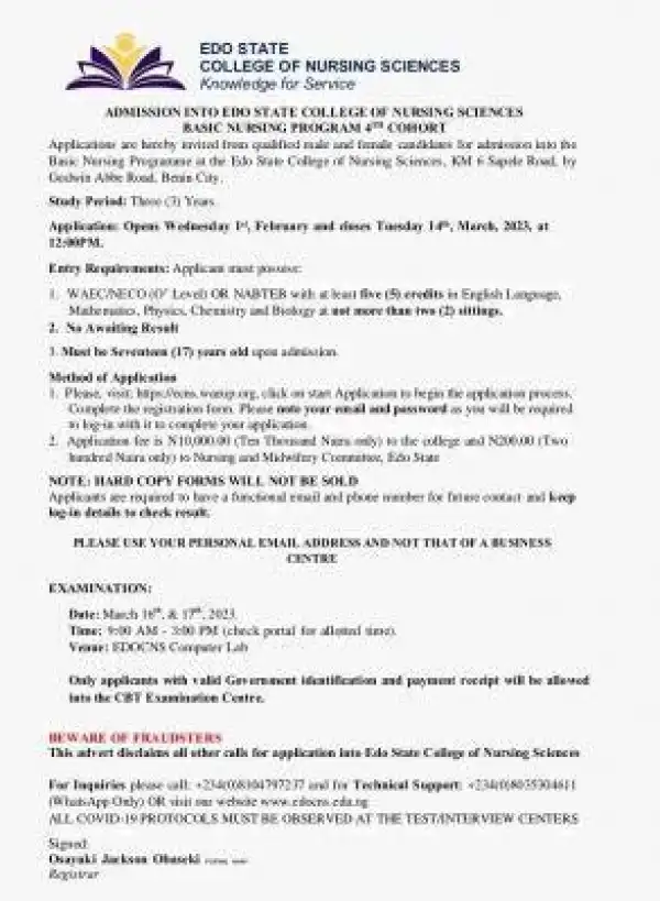 Edo State College of Nursing Sciences 4th cohort admission, 2022/2023