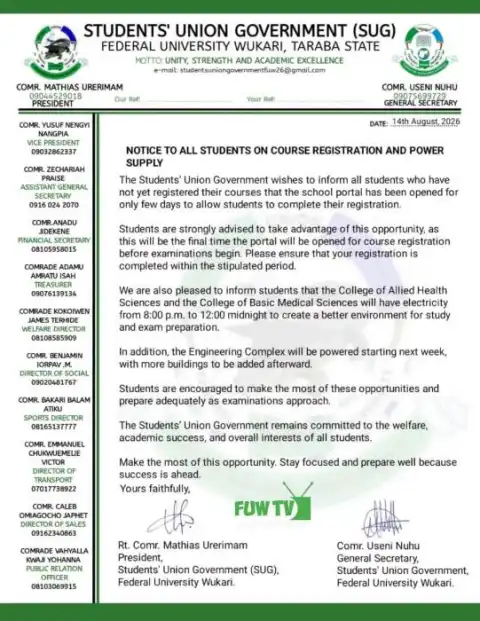 FUWAKARI SUG notice to students on course registration and Power Supply