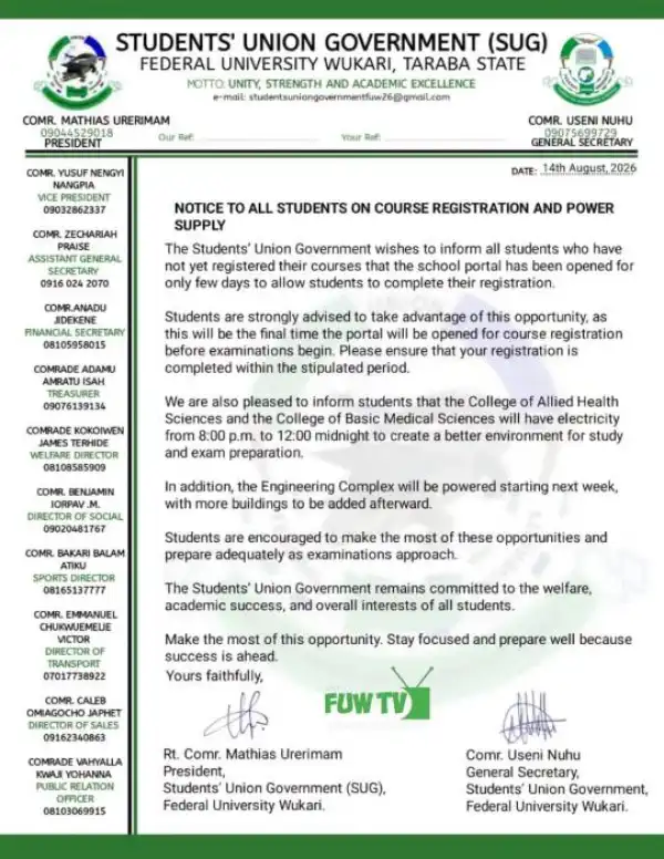FUWAKARI SUG notice to students on course registration and Power Supply