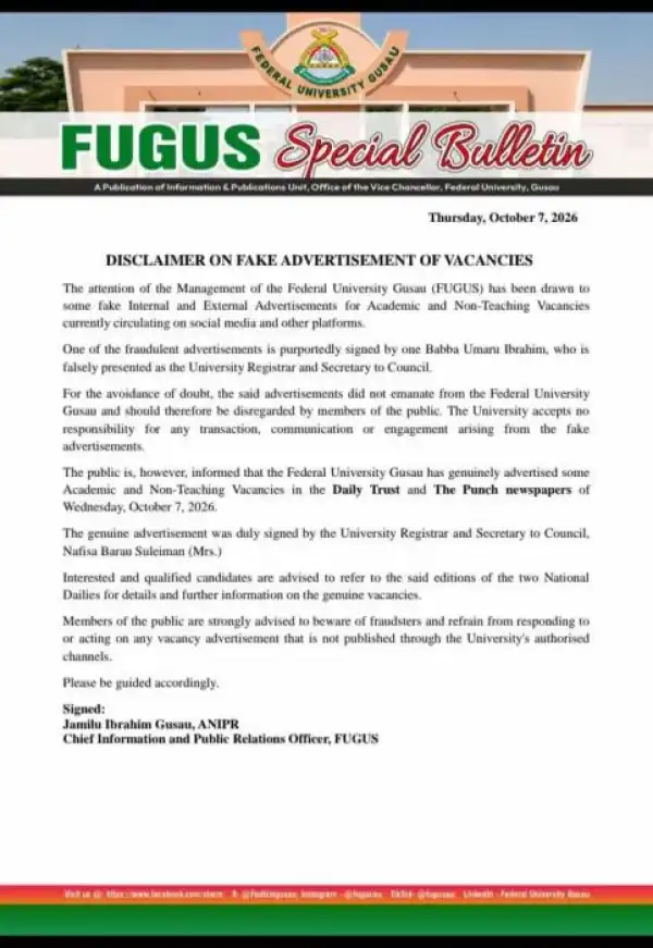FUGUSAU issues disclaimer notice on fake job adverts