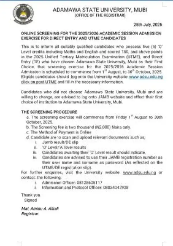 ADSU Post-UTME/DE 2025: Cut-off mark, Eligibility and Registration Details