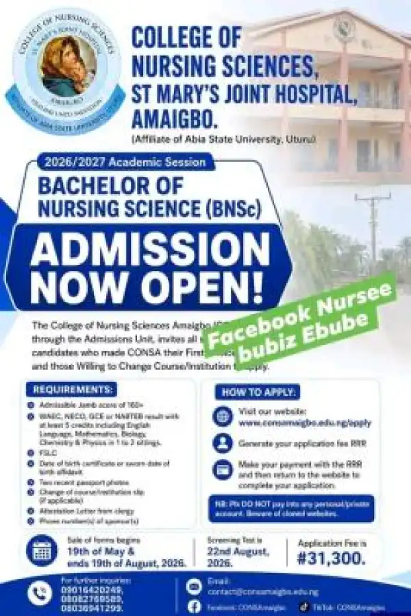 St. Mary Joint Hospital College of Nursing Sciences, Amaigbo BNSc Nursing Admission, 2026/2027