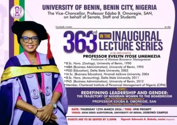 UNIBEN announces 363rd Inaugural Lecture