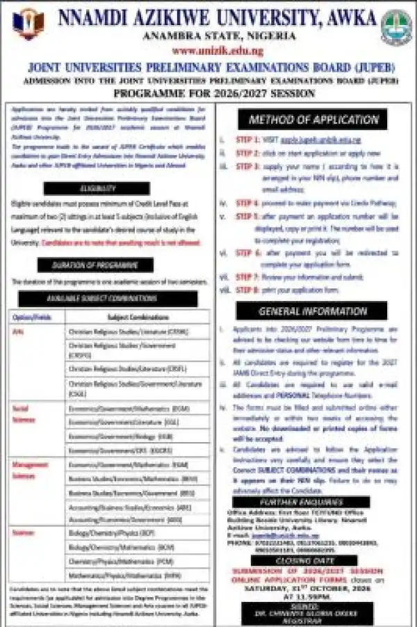 UNIZIK releases JUPEB Admission form, 2026/2027